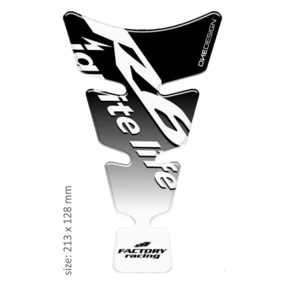Протектор за резервоар в черно и бяло с градиентен дизайн, логота OneDesign и Factory Racing, размери 213x128mm
