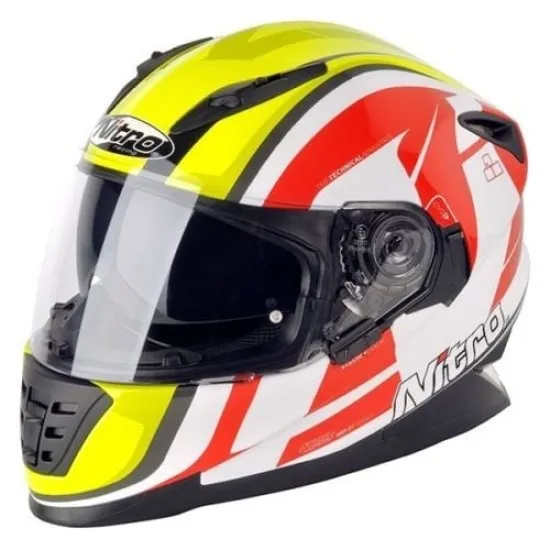 Каска NITRO NRS-01 CAMBER WHITE/YELLOW/RED с аеродинамична форма и вградени слънчеви очила