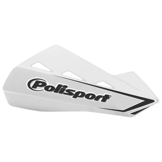 Бял пластмасов предпазител за кормило POLISPORT QWEST с черно лого, вентилационни отвори и обтекаема форма на бял фон