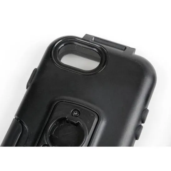 Черна защитна стойка OPTI-CASE с прозрачен преден панел, показваща iPhone с активен екран и приложения, със система за бързо захващане отгоре