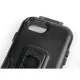 Черна защитна стойка OPTI-CASE с прозрачен преден панел, показваща iPhone с активен екран и приложения, със система за бързо захващане отгоре