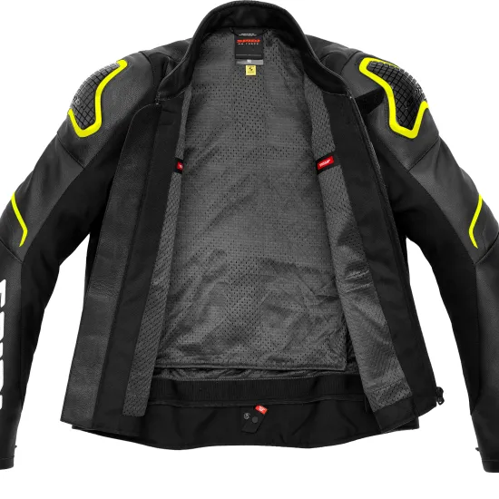 Кожено мото яке SPIDI EVORIDER 2 BLACK/FLUO YELLOW с WARRIOR протектори и мрежеста подплата