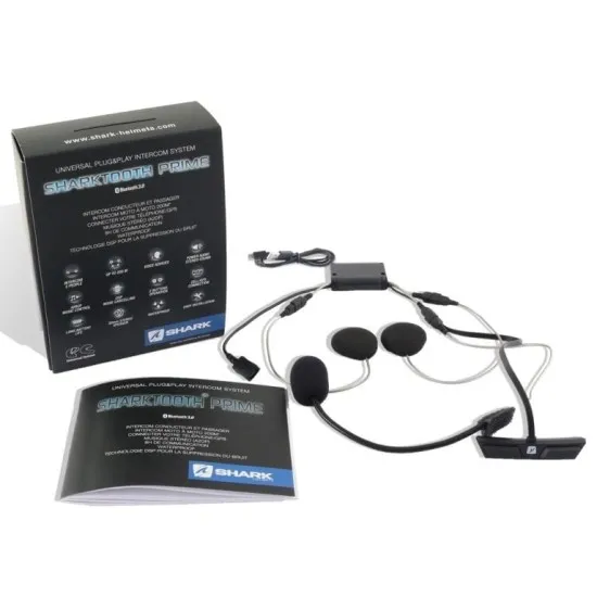 Черна Bluetooth система Shark Sharktooth Prime с опаковка, слушалки, микрофон, USB кабел и инструкция на бял фон