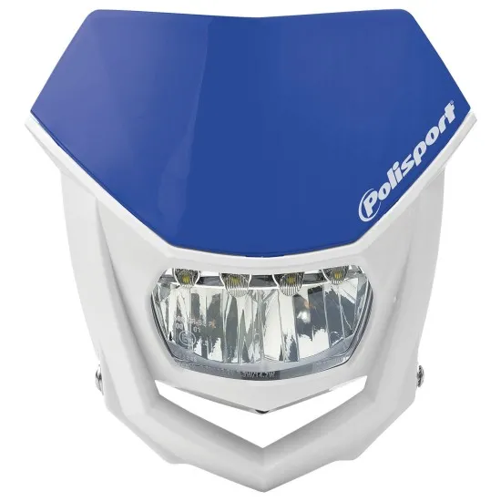 LED фар Polisport HALO с бял полимерен корпус, син горен панел, прозрачна леща с вградени LED диоди и бяло лого на марката