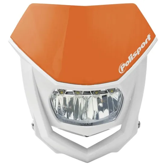 LED фар Polisport HALO с бял полимерен корпус, оранжево горно покритие и прозрачен рефлекторен елемент с LED светлини