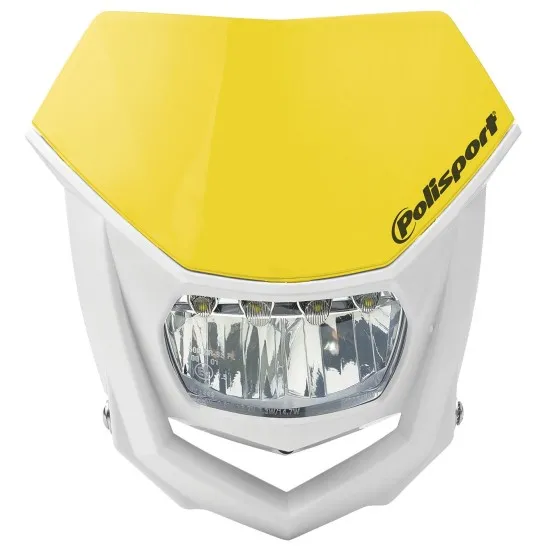 LED фар Polisport HALO с бял пластмасов корпус, жълт горен панел, хромирана LED оптика и черно лого Polisport