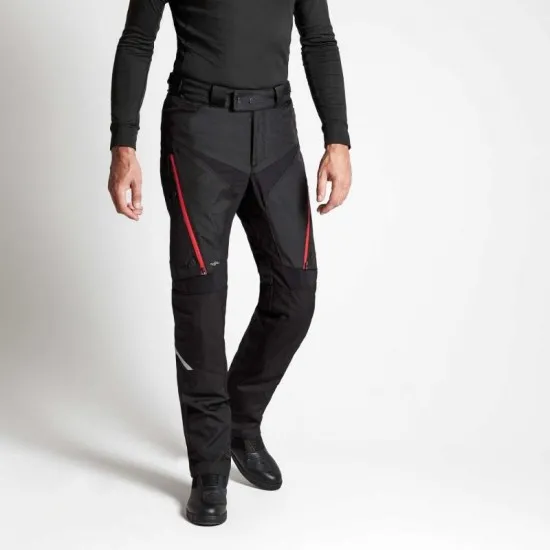 Черен мото панталон SPIDI 4 Season с червени вентилационни ципове, светлоотразителни ленти и регулируема талия