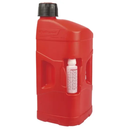 Червена туба за гориво Polisport ProOctane 20L с черна винтова капачка, прозрачен смесител за масло в долната част и гъвкав черно-бял излив с контролен вентил
