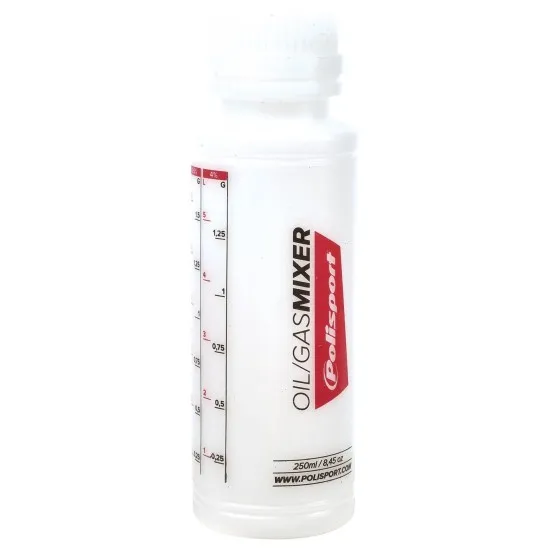 Червена туба за гориво Polisport ProOctane 20L с черна винтова капачка, прозрачен смесител за масло в долната част и гъвкав черно-бял излив с контролен вентил