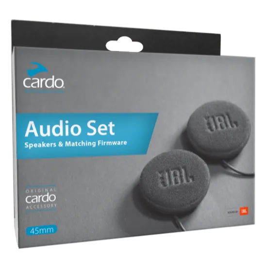 Опаковка на слушалки CARDO JBL 45mm Audio Set със сиви говорители с JBL лого на тюркоазено-сив фон