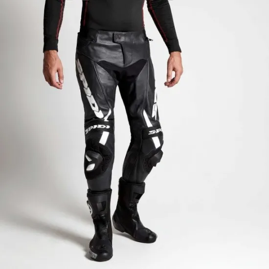 Кожен мото панталон SPIDI RR PRO WARRIOR BLACK/WHITE с военни протектори и микрометрична система