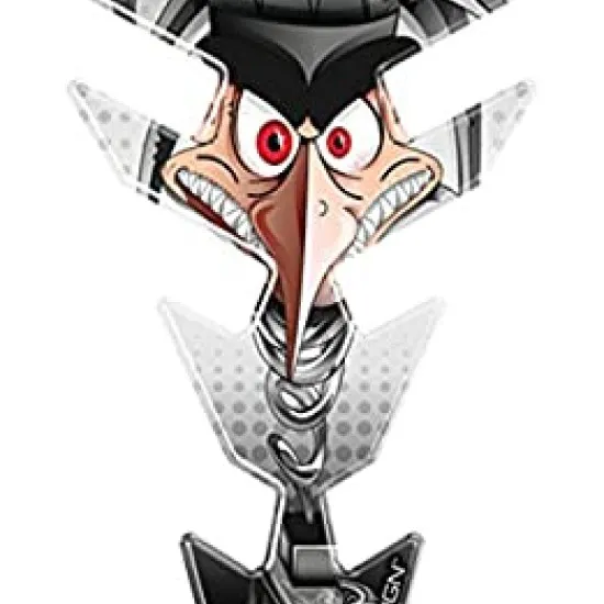 Протектор за мото резервоар OneDesign с детайлна графика на гарван воин в сиво-черни цветове, показан върху сребрист резервоар и с технически размери