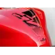 Протектор за резервоар ONEDESIGN в черно, сиво и бяло с лого Factory Racing, показан върху червен мотоциклетен резервоар