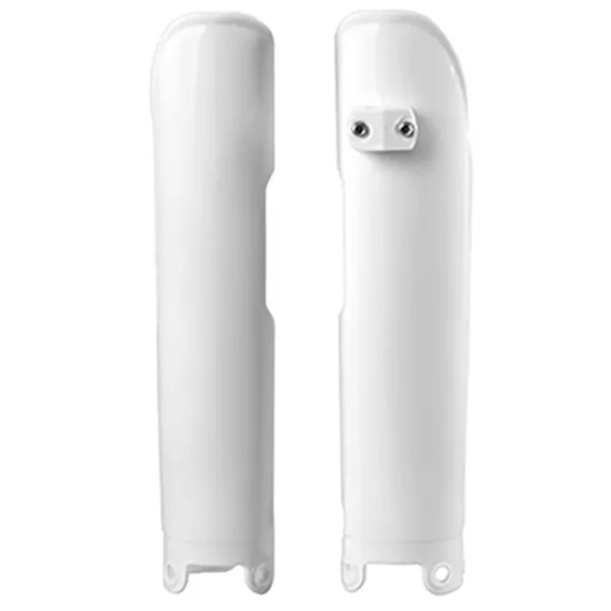 Два бели предпазителя за предница Polisport с гладка повърхност, показани от двете страни - предната с плътна защита и задната с два черни отвора за монтаж