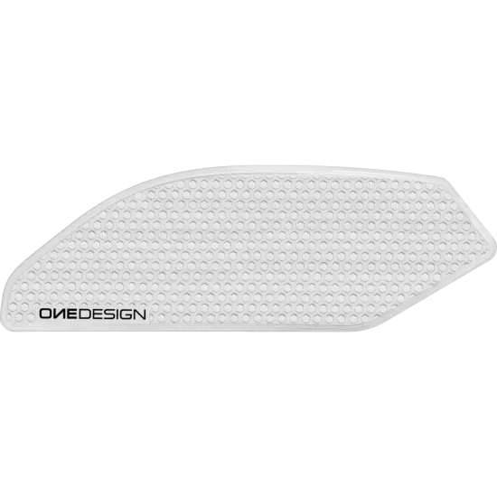 Прозрачен протектор за резервоар с текстура от малки кръгове и лого OneDesign, монтиран на сив мотоциклетен резервоар