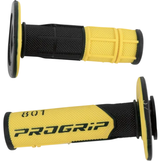 Мотокрос ръкохватки PROGRIP 801 в черно-жълто с вафлен текстуриран дизайн, защитен фланец и лого PROGRIP 801