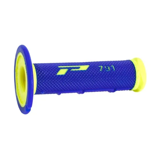 Синя мотокрос ръкохватка PROGRIP 791 с неоново жълти акценти, диамантен релефен дизайн и лого на страната