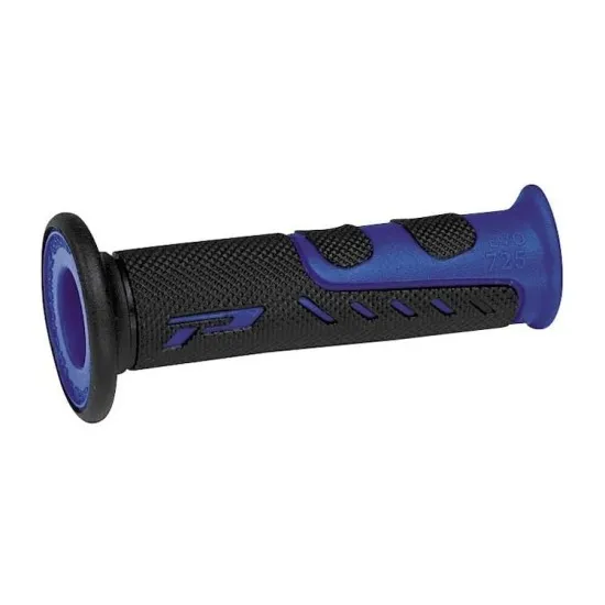 Мото ръкохватка PROGRIP 725 Road с черна диамантена текстура, сини акценти и логото на марката, показваща отворения край