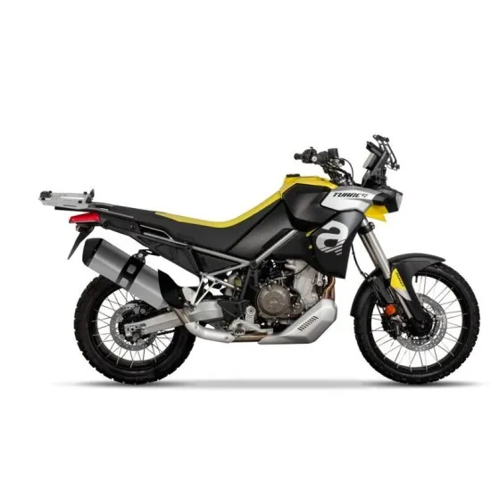 Aprilia Tuareg 660 в жълто и черно с adventure дизайн, висок преден параван, защитни панели и спицовани джанти