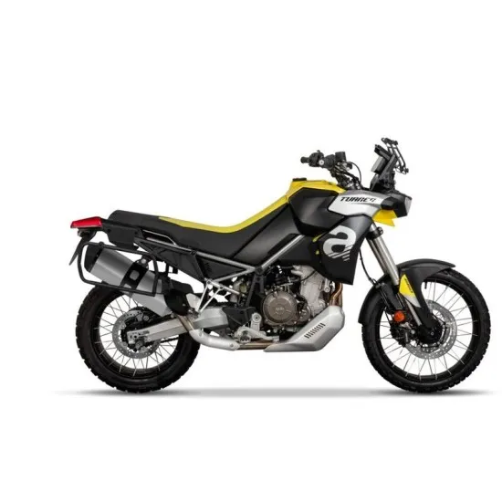 Жълто-черна Aprilia Tuareg 660 с монтирани сиви и черни странични куфари SHAD чрез 4P система