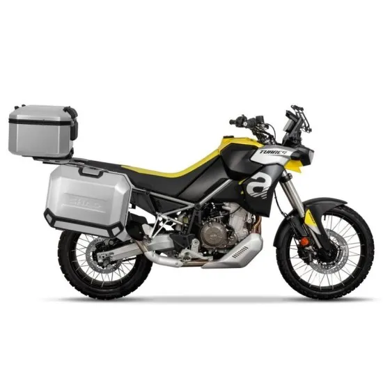 Жълто-черна Aprilia Tuareg 660 с монтирани сиви и черни странични куфари SHAD чрез 4P система