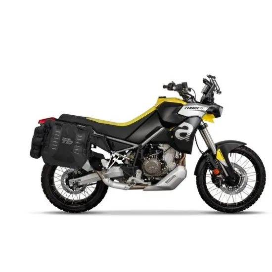 Жълто-черна Aprilia Tuareg 660 с монтирани сиви и черни странични куфари SHAD чрез 4P система