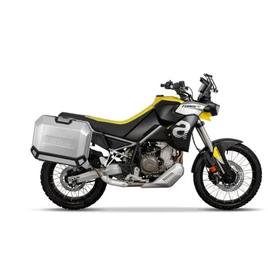 Жълто-черна Aprilia Tuareg 660 с монтирани сиви и черни странични куфари SHAD чрез 4P система