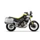 Жълто-черна Aprilia Tuareg 660 с монтирани сиви и черни странични куфари SHAD чрез 4P система