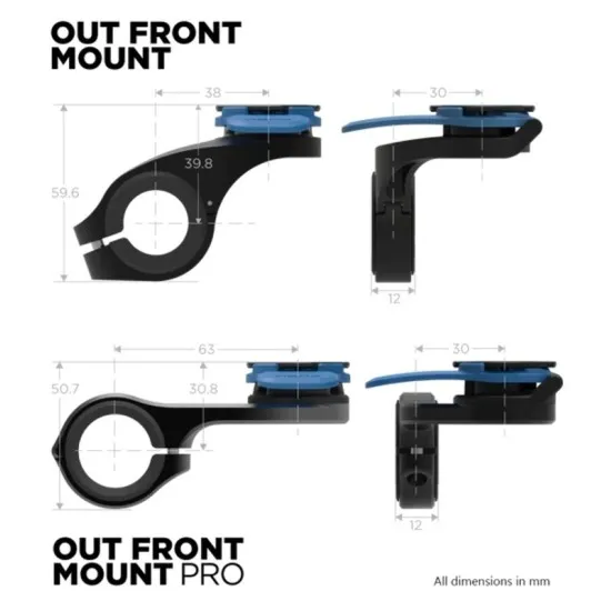 Черна алуминиева поставка QUAD LOCK с ъглово рамо и синя защитна капачка, показваща механизма за захващане и кръглата скоба за монтаж на кормило