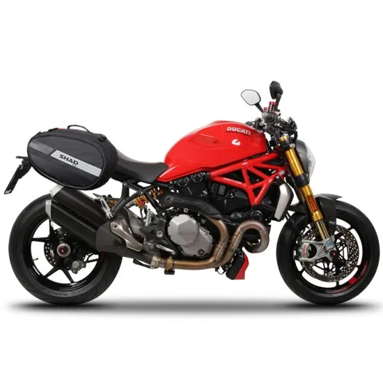 Червен мотоциклет Ducati с черни метални скоби SHAD монтирани на задната част за закрепване на текстилни дисаги