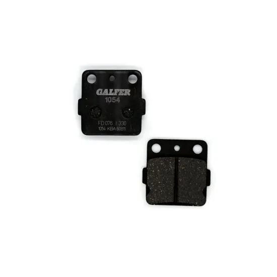 Черни спирачни накладки Galfer FD076G1054 с метална основа, три монтажни отвора и тъмносив фрикционен материал, показани от двете страни