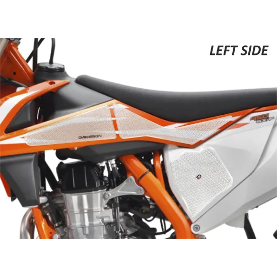 Прозрачни странични протектори за KTM с шестоъгълен релефен дизайн, включващи ляв и десен протектор, център част и лого ONEDESIGN