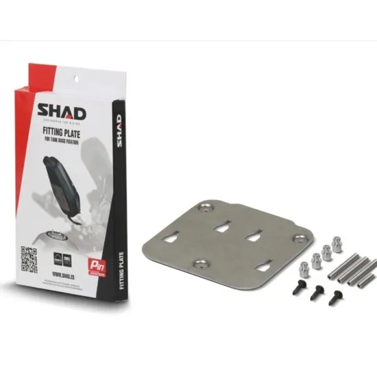 Сива алуминиева монтажна плочка SHAD PIN SYSTEM с шест отвора и комплект щифтове, винтове и крепежни елементи до оригиналната бяло-червена опаковка