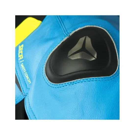 Кожено мото яке SECA HOOLIGAN BLUE/FLUO YELLOW с D3O® протектори и вентилационни панели