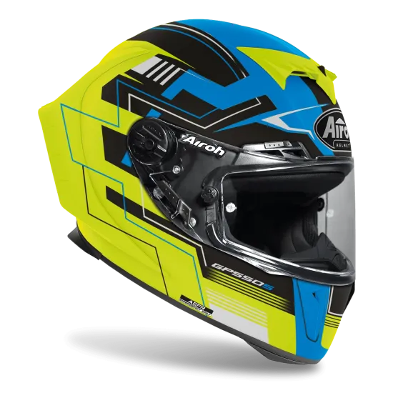 AIROH GP550 S CHALLENGE BLUE/YELLOW MATT – мото каска с 8 вентилационни отвора и Pinlock система