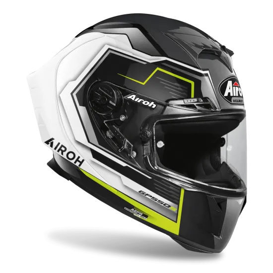 AIROH GP550 S RUSH WHITE/YELLOW – мото каска, HPC композит, 8 вентилационни отвора, иновативен дизайн