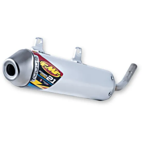 Сребрист алуминиев заглушител FMF Powercore 2.1 Shorty с цветна етикетка и стандартни монтажни скоби