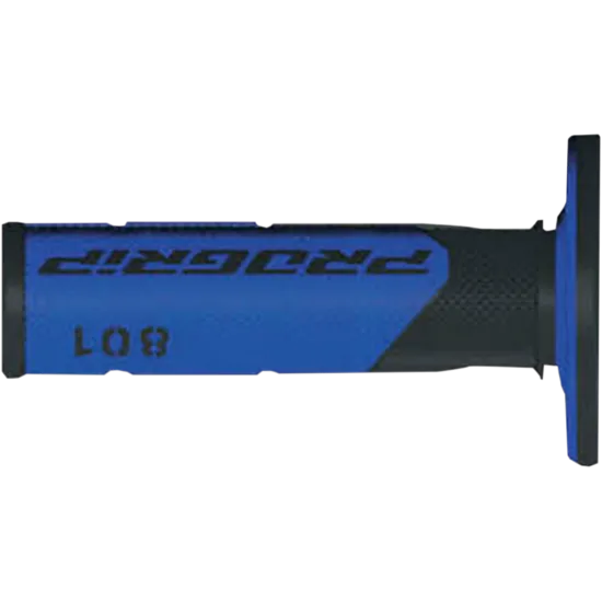 Сини и черни мотокрос ръкохватки PROGRIP 801 с вафлен повърхностен дизайн, черен защитен фланец и хибридна Duo-Density конструкция