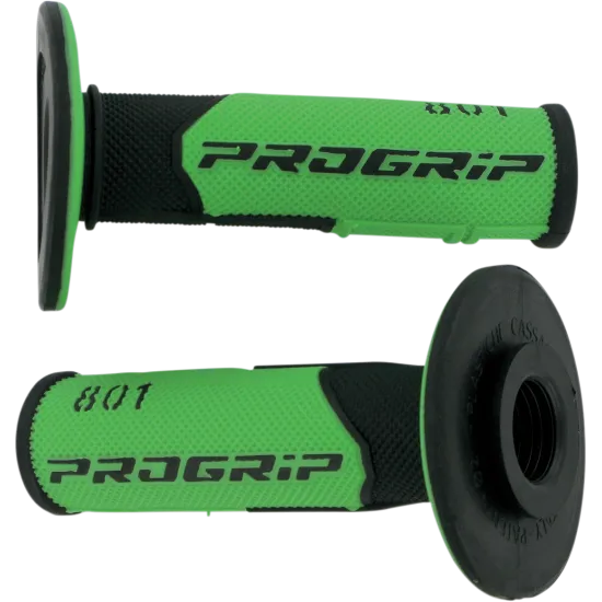 Зелено-черни мотокрос ръкохватки PROGRIP 801 с хибриден дизайн, показващи вафлената текстура и черните фланци