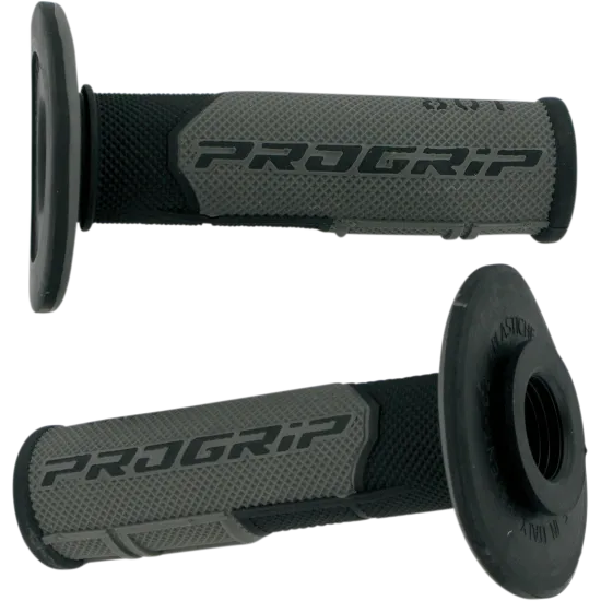 Черно-сиви мотокрос ръкохватки PROGRIP 801 с диамантена текстура на сивите секции и фина текстура на черните части, показани от различни ъгли с видим фланец