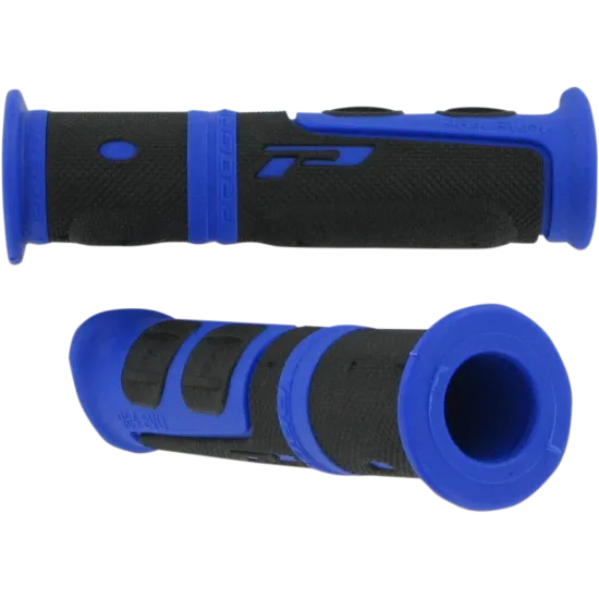 Черно-сини мотокрос ръкохватки PROGRIP 964 с релефни ивици и двукомпонентна конструкция, показани отгоре и в профил