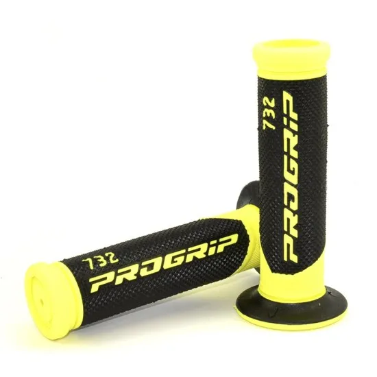 Черно-жълти мотокрос ръкохватки PROGRIP 732 с текстурирана повърхност, флуоресцентни жълти краища и отворен край за почистване