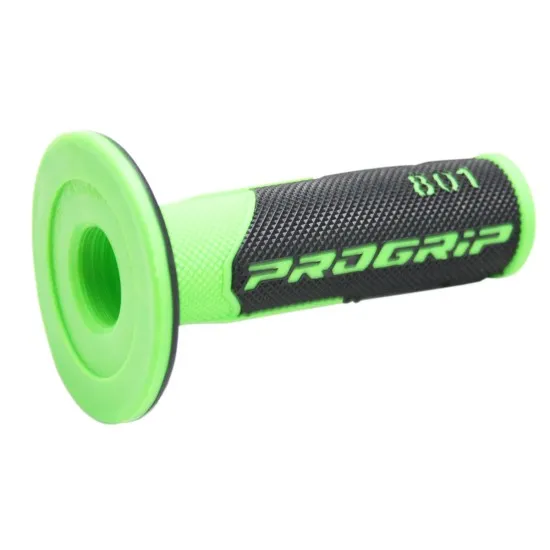 Мотокрос ръкохватка PROGRIP 801 във флуоресцентно зелено и черно с текстурирана повърхност и лого PROGRIP