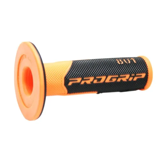 Флуоресцентно оранжева мотокрос ръкохватка PROGRIP 801 с черна карбонова текстура, лого на марката и ергономичен профил