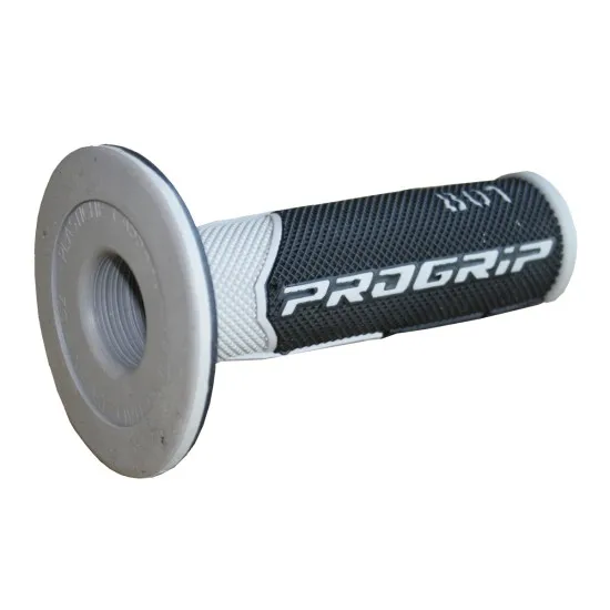 Сиво-черна мотокрос ръкохватка PROGRIP с релефна текстура, твърд сив фланец и черна секция с бяло лого