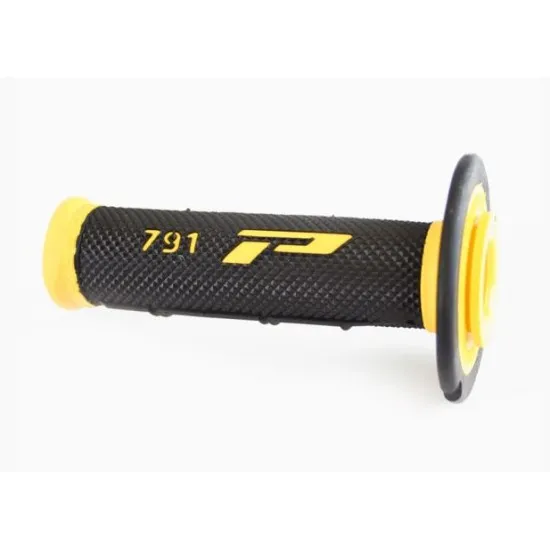 Черна мотокрос ръкохватка PROGRIP 791 с жълти акценти, текстурирана повърхност и номер модел върху черната основа