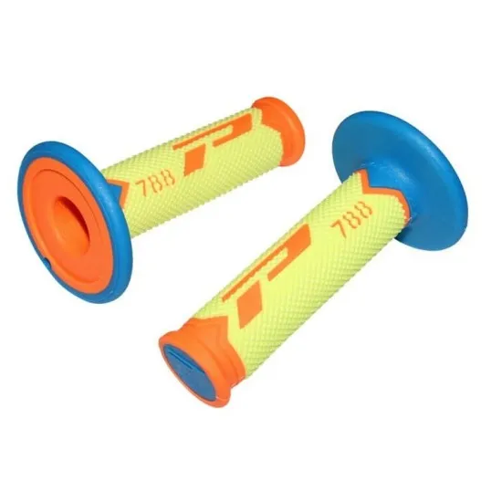 Мотокрос ръкохватки PROGRIP 788 в оранжево, жълто и синьо с текстурирана повърхност и лого
