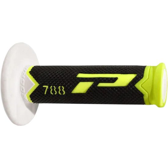Мотокрос ръкохватка PROGRIP 788 с черна текстурирана повърхност, неонови жълти акценти, номер 788 и бяла флансова защита