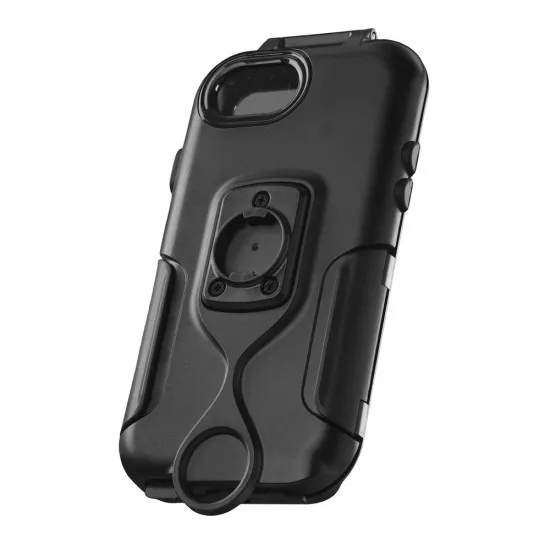 Черна защитна стойка OPTI-CASE с прозрачен преден панел, показваща iPhone с активен екран и приложения, със система за бързо захващане отгоре