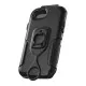Черна защитна стойка OPTI-CASE с прозрачен преден панел, показваща iPhone с активен екран и приложения, със система за бързо захващане отгоре